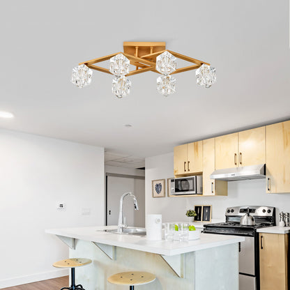 6 Light Crystal Ceiling Light For Dining Room, Modern Ceiling Lamp With Light Fixture For Entryway, Lobby, Kitchen, Bedroom, Living Room, Conference Room, (6*G9 Bulbs Included) - Gold