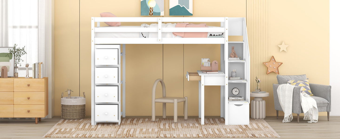 Twin Size Loft Bed With Storage Drawers, Desk And Stairs With Shelves - White