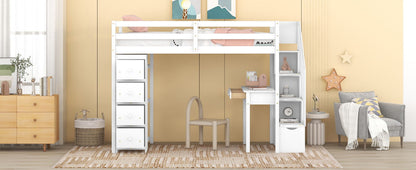 Twin Size Loft Bed With Storage Drawers, Desk And Stairs With Shelves - White