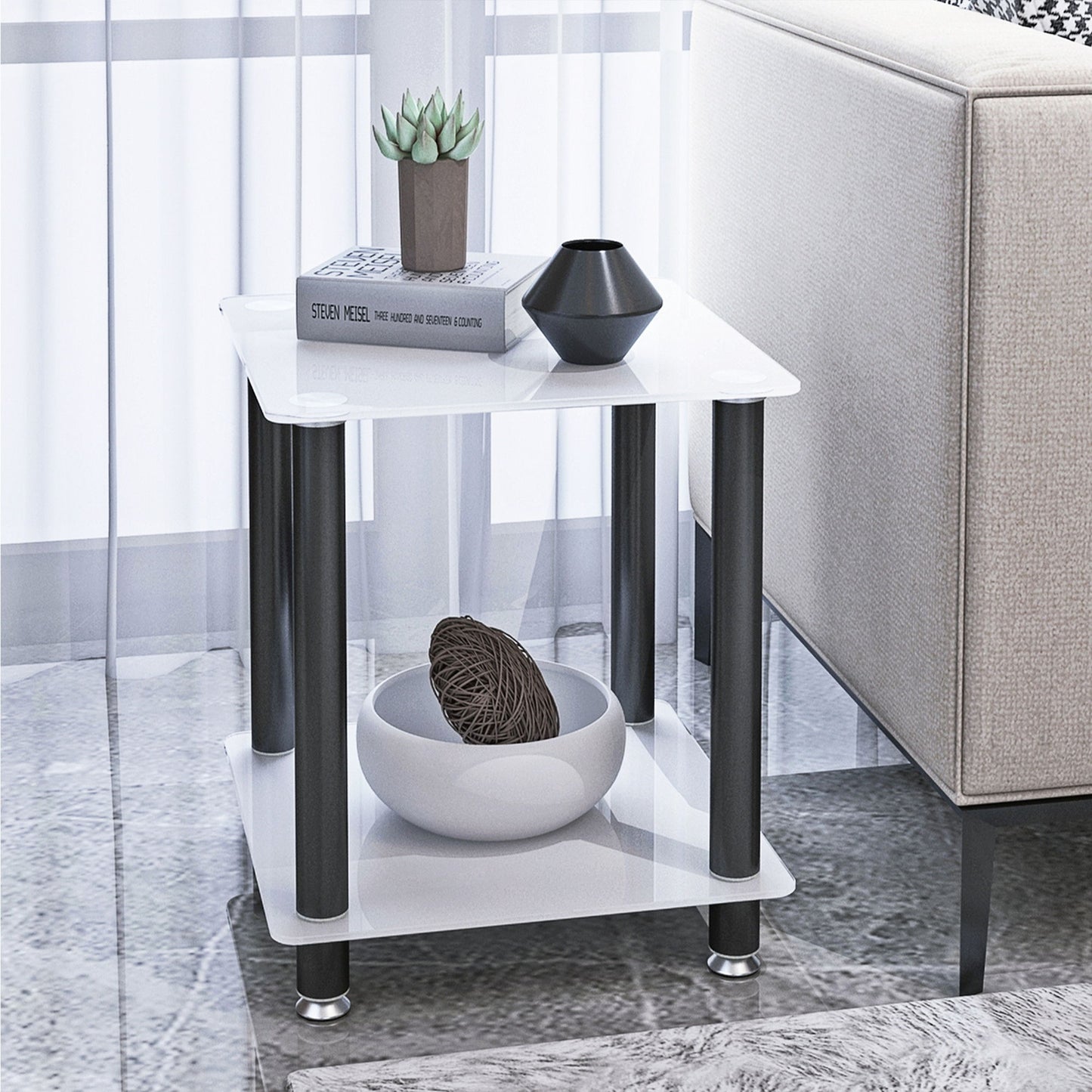 Side Table, 2 Tier Space End Table, Modern Night Stand, Sofa Table, Side Table With Storage Shelve - White / Black
