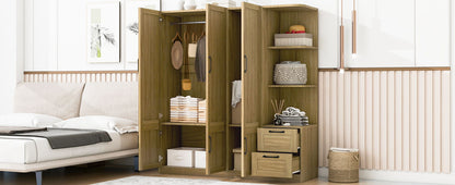 3 Door Storage Wardrobe For Dedroom With Shelves And 2 Drawers, Side Storage Shelves - Nature