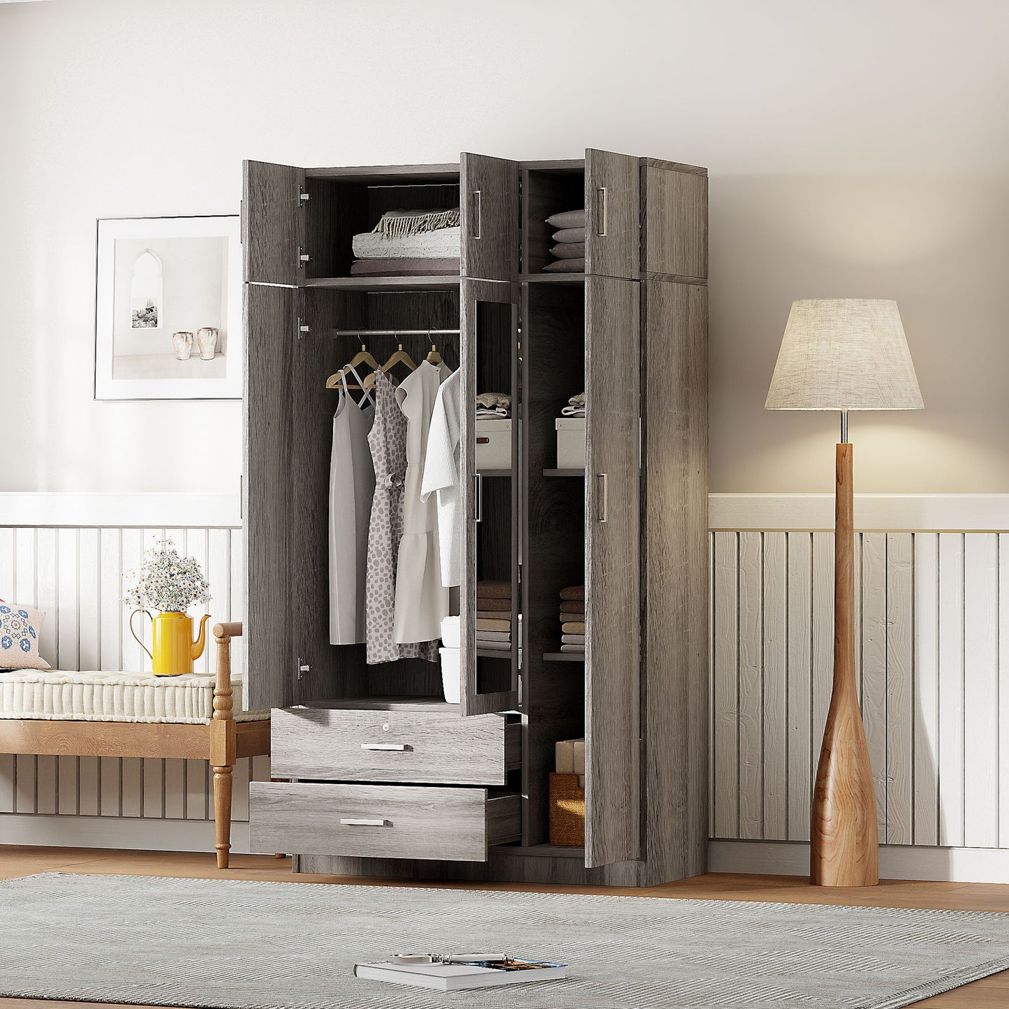 Modern 3 Door Mirror Wardrobe With 2 Drawers And Top Cabinet - Gray