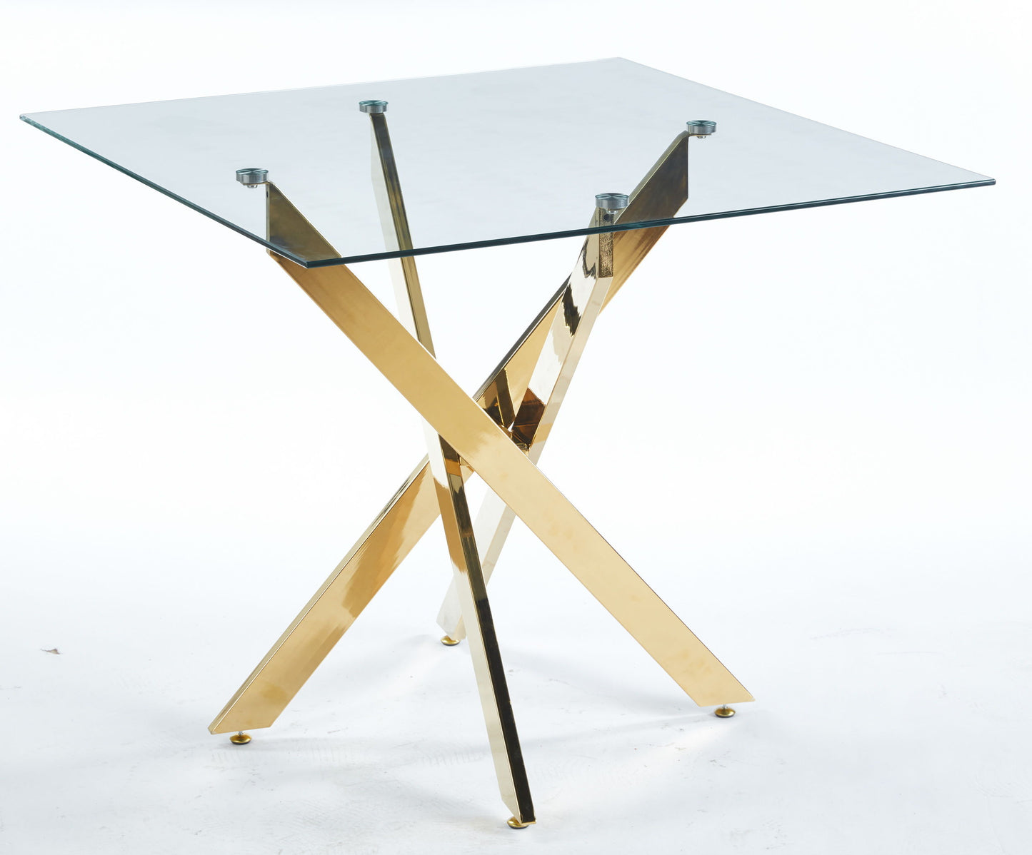 Dining Table With Cross Metal Leg And Tempered Glass, Modern Space Saving Kitchen Table For Living Room, Chrome Legs, Square Table - Golden