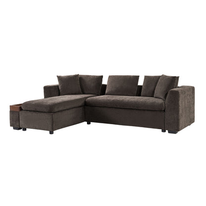 Elegant L Shaped Sectional Sofa With Chenille Upholstery And Wooden Storage Compartment - Brown