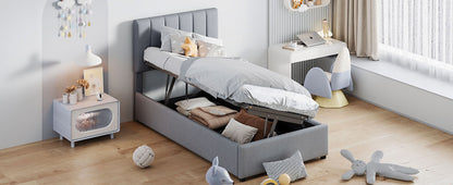 Twin Size Upholstered Platform Bed With A Hydraulic Storage System - Gray