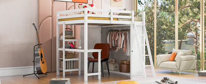 Full Size Loft Bed With Wardrobe And Desk And Shelves - White
