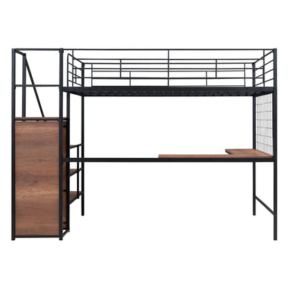 Full Size Loft Bed With Desk And Grid, Stylish Frame With Lateral Storage Ladder And Wardrobe - Black