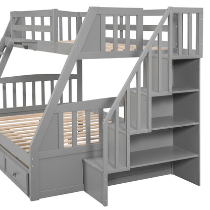 Twin Over Full Bunk Bed With Drawers, Ladder And Storage Staircase - Gray