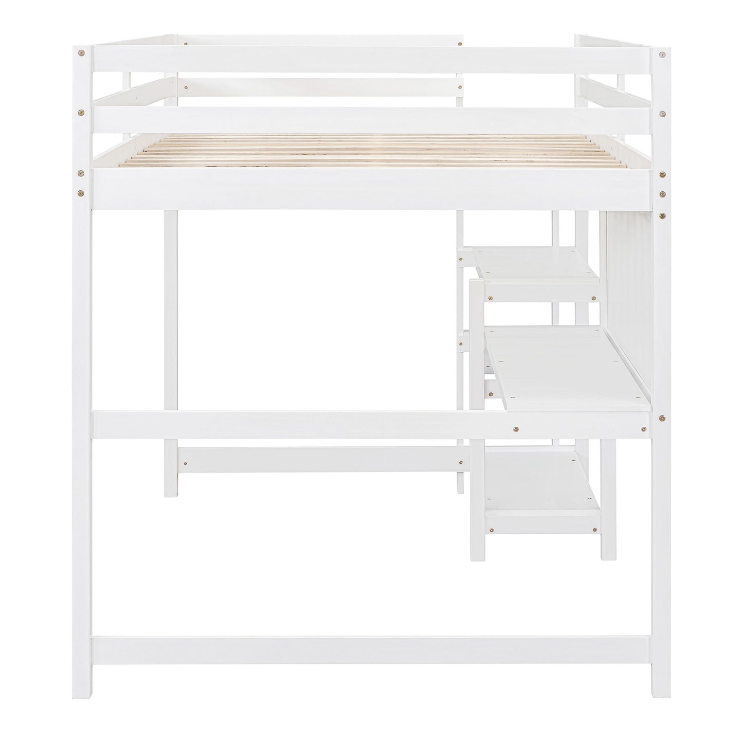 Full Size Loft Bed With Shelves, Desk And Writing Board - White