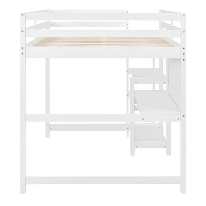 Full Size Loft Bed With Shelves, Desk And Writing Board - White