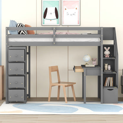 Twin Size Loft Bed With Storage Drawers, Desk And Stairs With Shelves - Gray