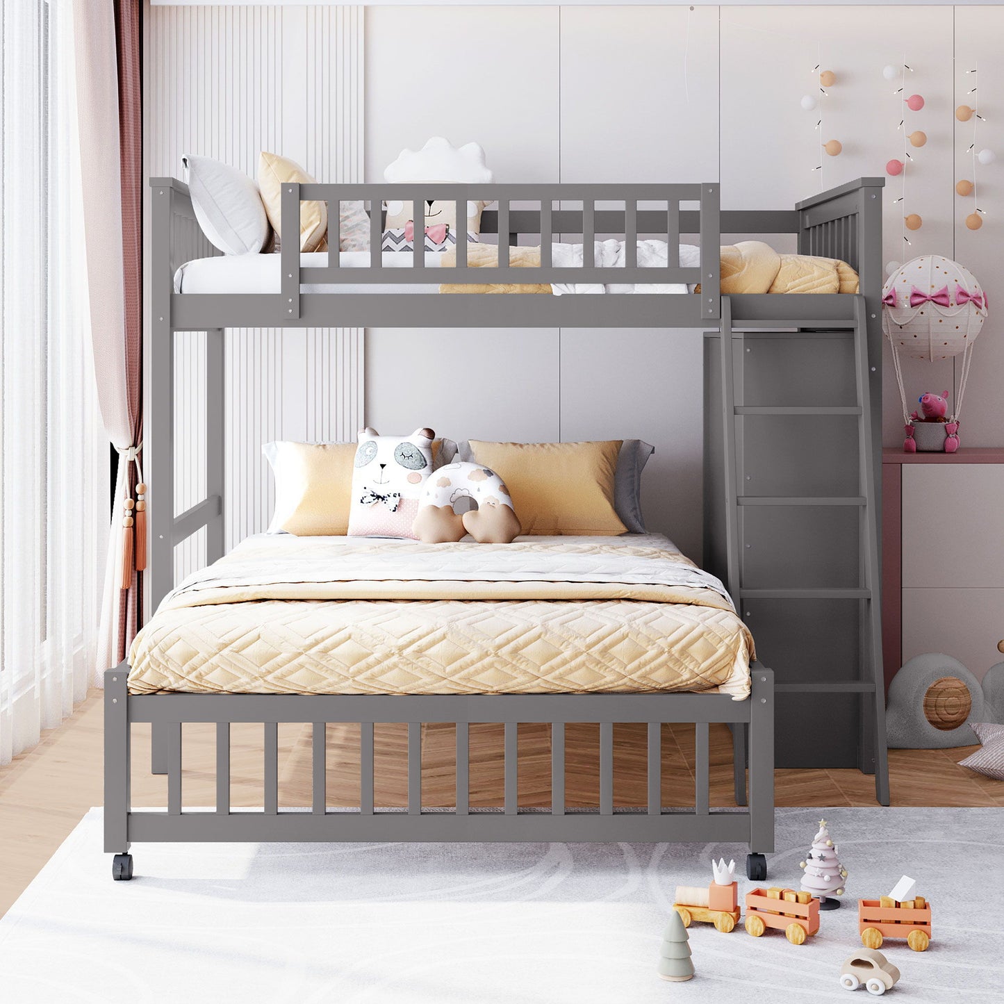 Twin Over Full Bunk Bed With 6 Drawers And Flexible Shelves, Bottom Bed With Wheels - Gray