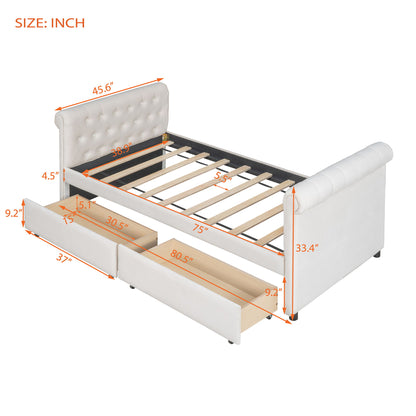 Twin Size Upholstered Daybed With Drawers, Slat Support - Beige