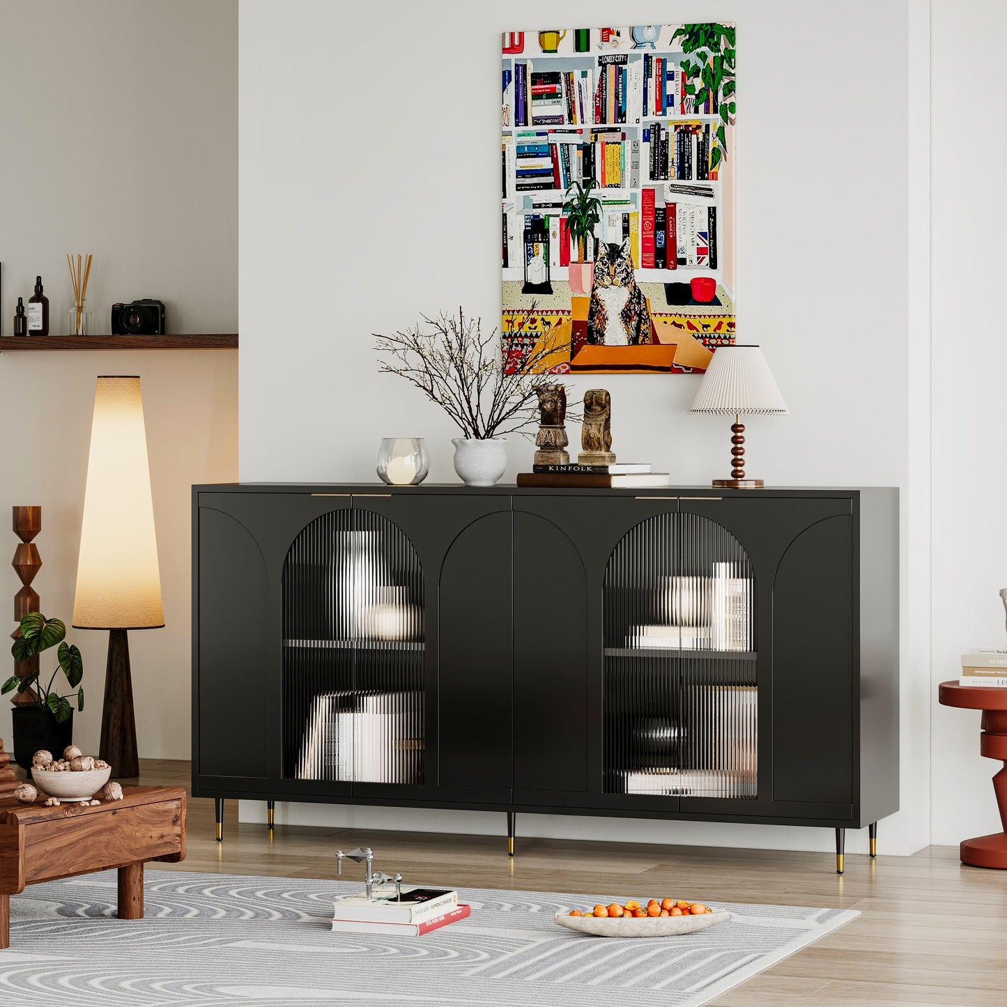 Accent Cabinet Lacquered Wooden Cabinet With 4 Glass Doors Sideboard Buffet Server Cabinet Storage Cabinet, For Living Room, Entryway, Hallway, Office, Kitchen And Dining Room - Black