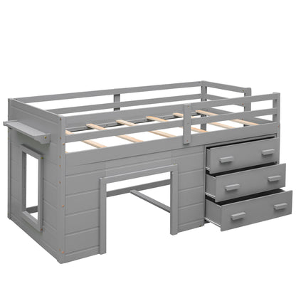Twin Size Loft Bed With Cabinet And Shelf - Gray