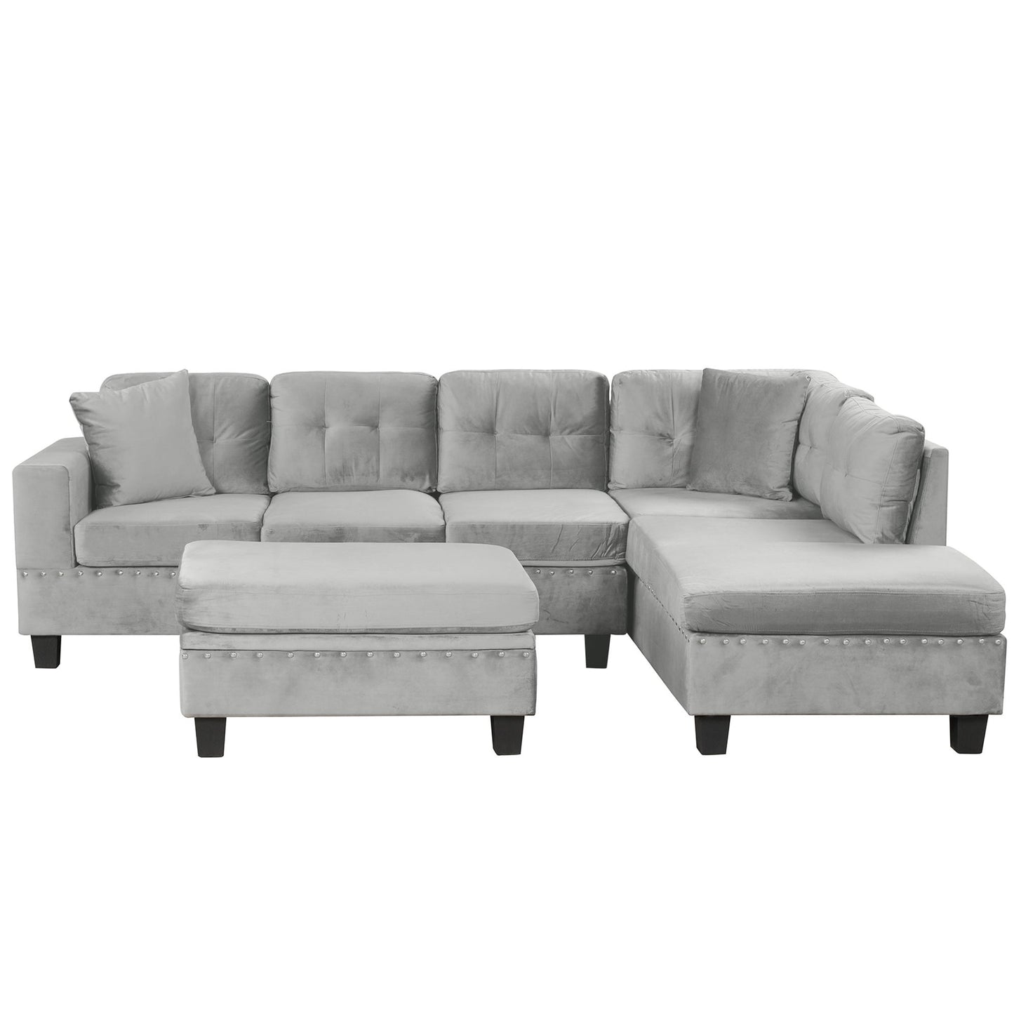 Modern Sectional Sofa With Storage Ottoman, L - Shape Couch With 2 Pillows And Cup Holders - Gray