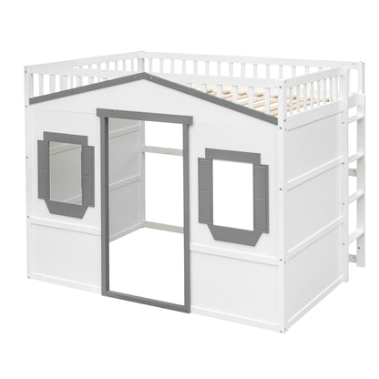 Full Size House Loft Bed With Ladder - White / Gray