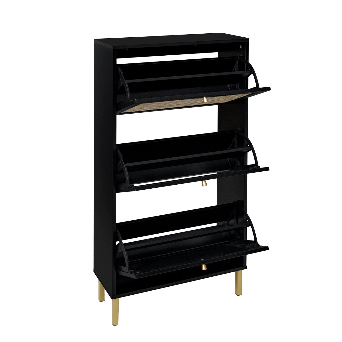 Modern Rattan 3 Door Shoe Rack Cabinet For Entryway Freestanding Black Storage Unit In Particle Board - Black