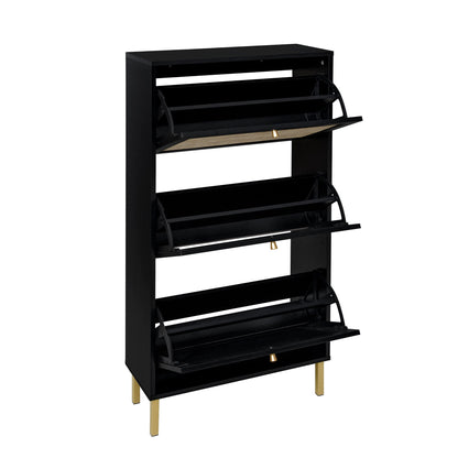 Modern Rattan 3 Door Shoe Rack Cabinet For Entryway Freestanding Black Storage Unit In Particle Board - Black