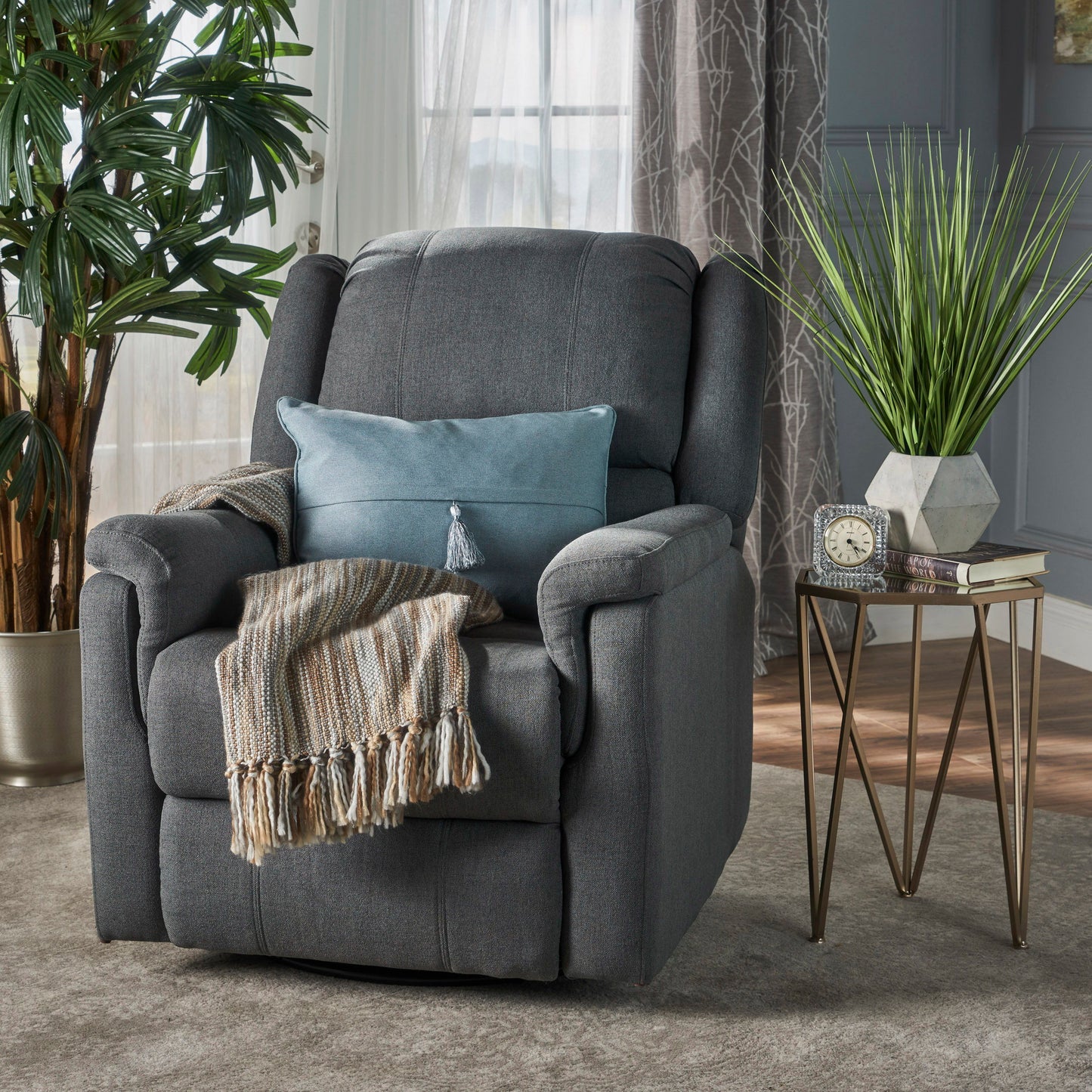 Glider Recliner With Swivel, Manual Reclining Chair - Charcoal