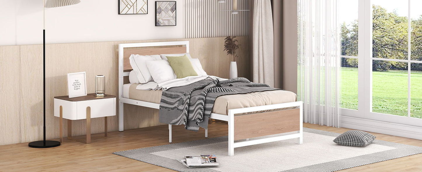 Twin Size Platform Bed, Frame With Headboard And Footboard - White