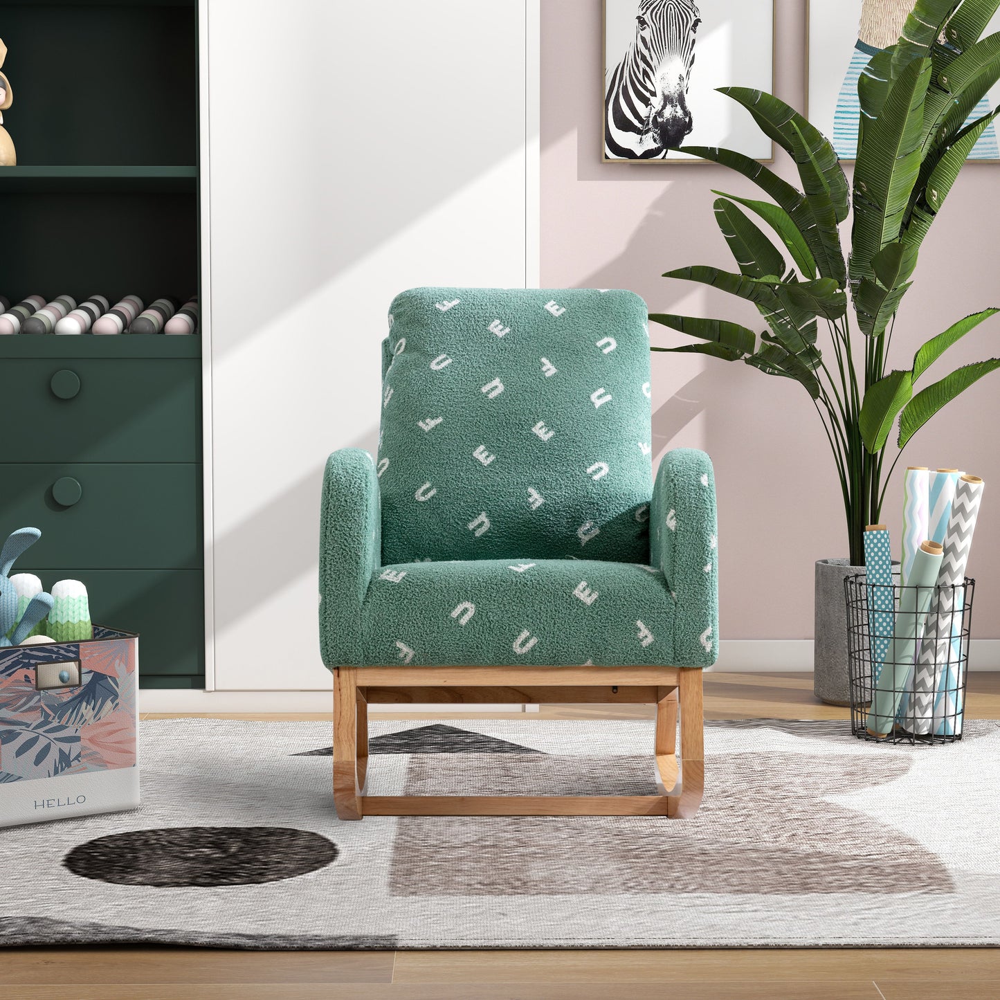 Modern Rocking Chair For Nursery, Mid Century Accent Rocker Armchair With Side Pocket, Upholstered High Back Wooden Rocking Chair For Living Room - Green