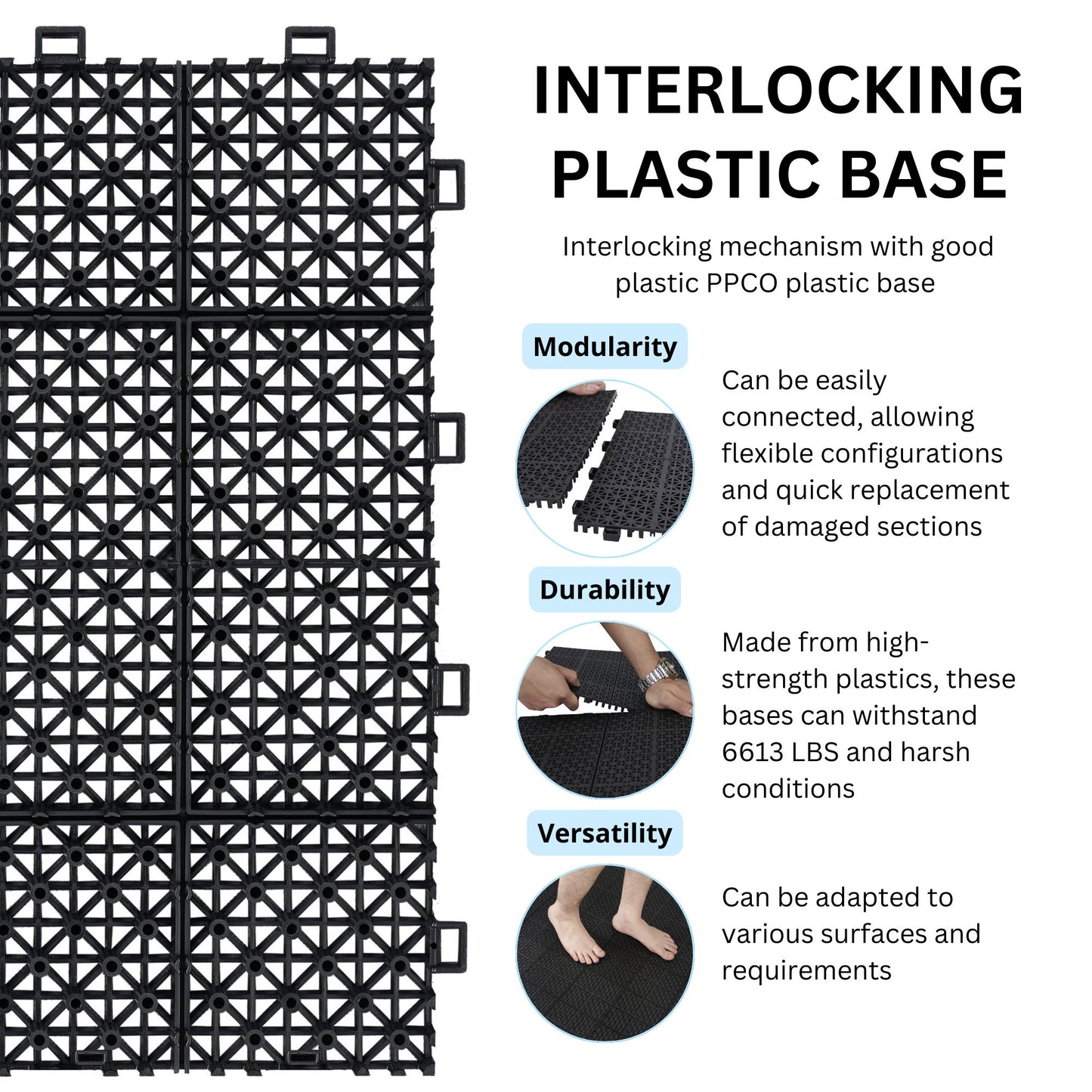 Interlocking Deck Tiles Plastic Waterproof Outdoor All Weather Anti-Slip Bathroom Shower Balcony Porch Strong Weight Capacity Upto 6613 Lbs, Rosette Pattern Pack Of 12 - Black