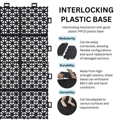 Interlocking Deck Tiles Plastic Waterproof Outdoor All Weather Anti-Slip Bathroom Shower Balcony Porch Strong Weight Capacity Upto 6613 Lbs, Rosette Pattern Pack Of 12 - Black