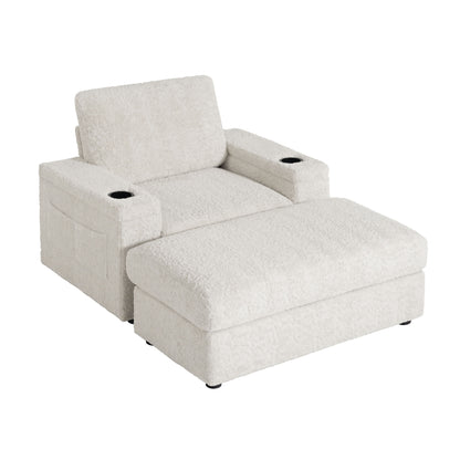 Oversized Chaise Lounge Indoor Rabbit Fur Sofa Bed With Storage Ottoman And Armrests Cup Holders With Deep Seat - Beige