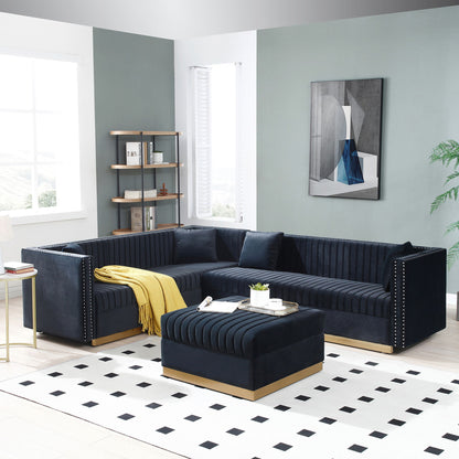 Contemporary Vertical Channel Tufted Velvet Sectional Sofa For Living Room Apartment With Ottoman And 4 Pillows - Black