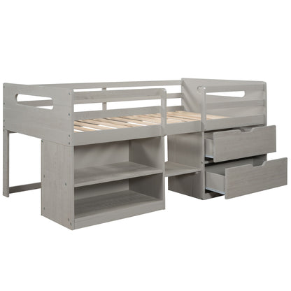 Twin Size Loft Bed With Two Shelves And Two Drawers - Antique Gray