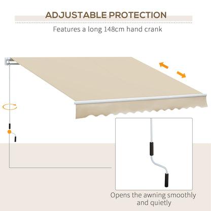 Outsunny - 12' x 8' Retractable Awning Patio Awnings Sun Shade Shelter With Manual Crank Handle, 280G / M����������� Uv & Water-Resistant Fabric And Aluminum Frame For Deck, Balcony, Yard - Cream White