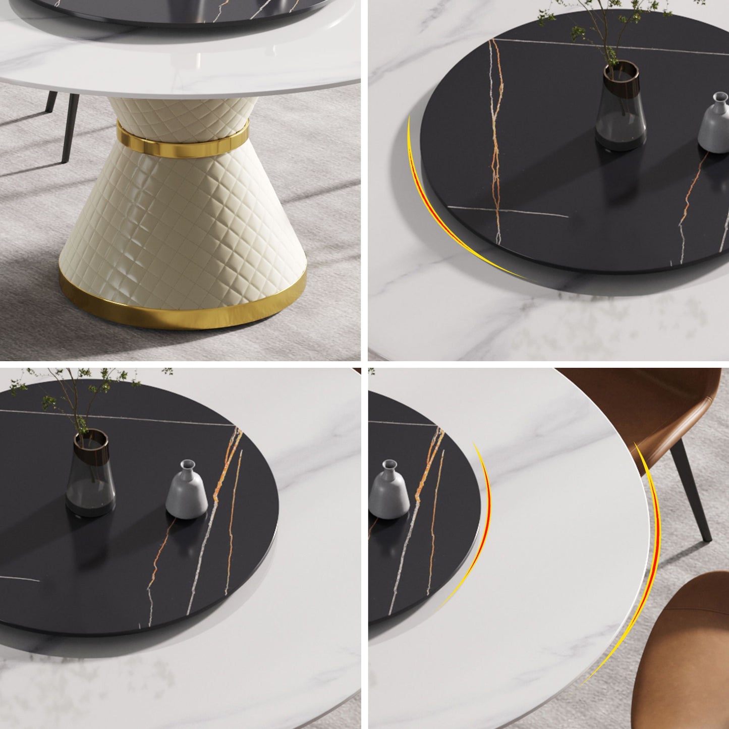 59.05" Modern Artificial Stone Round Carbon Steel Base Dining Table, Black Artificial Stone Turntable - White