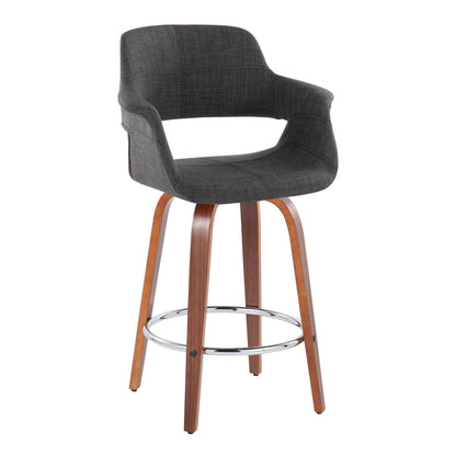 Vintage Flair - Mid-Century Modern Fixed Height Counter Stool With Swivel With Round Footrest (Set of 2) - Walnut / Charcoal
