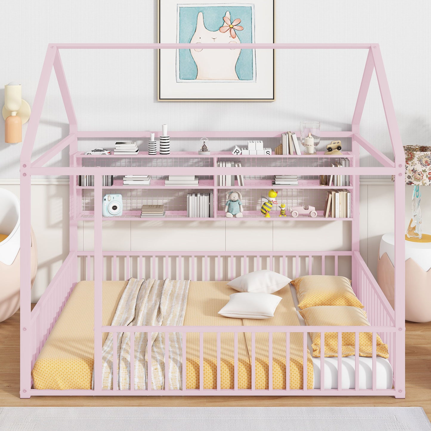 Full Size Bed House Frame With Fence And Shelves - Pink