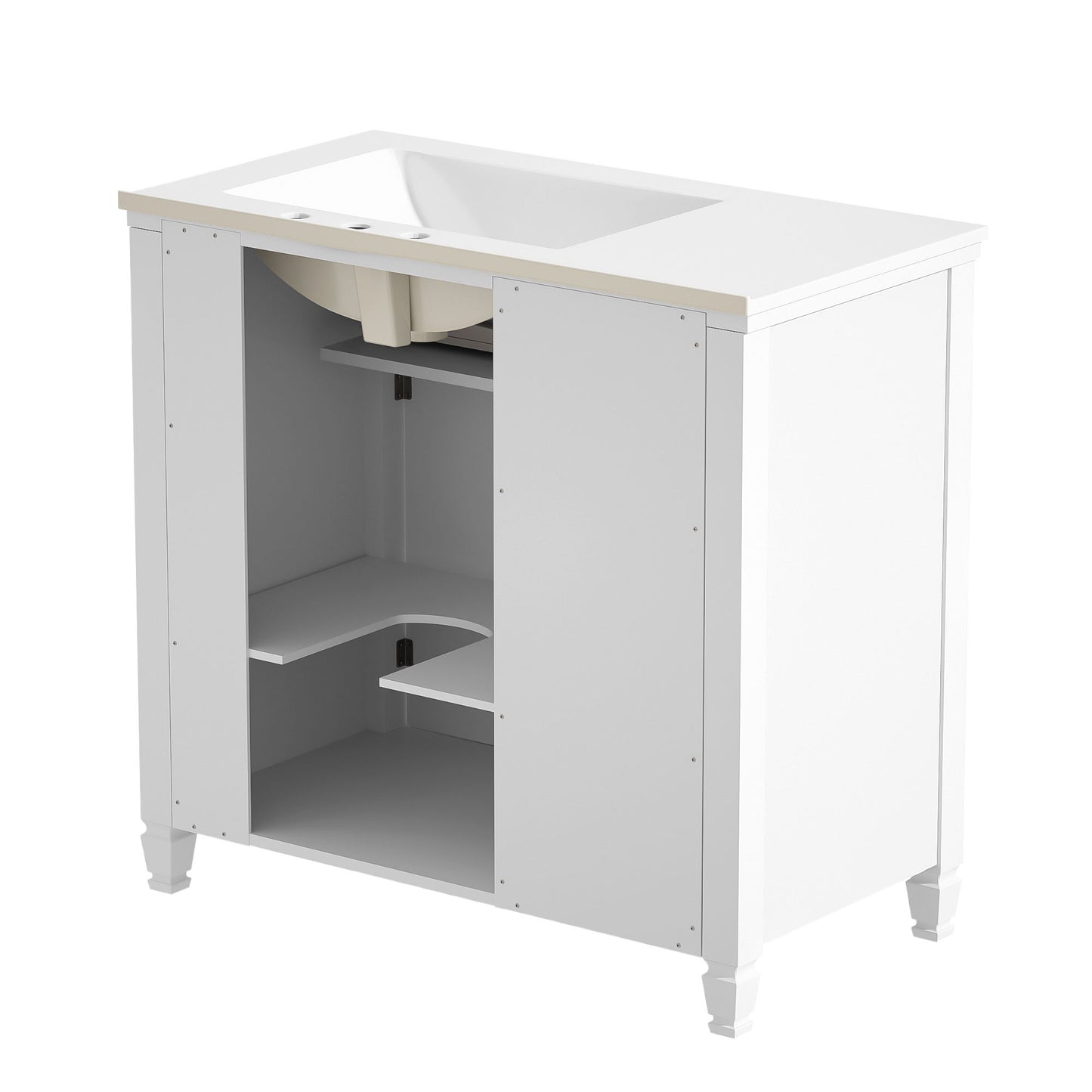 Modern Bathroom Vanity With Ceramic Sink, Freestanding, One Tip - Out Drawer, 3 Side Drawers, Adjustable Shelf - White