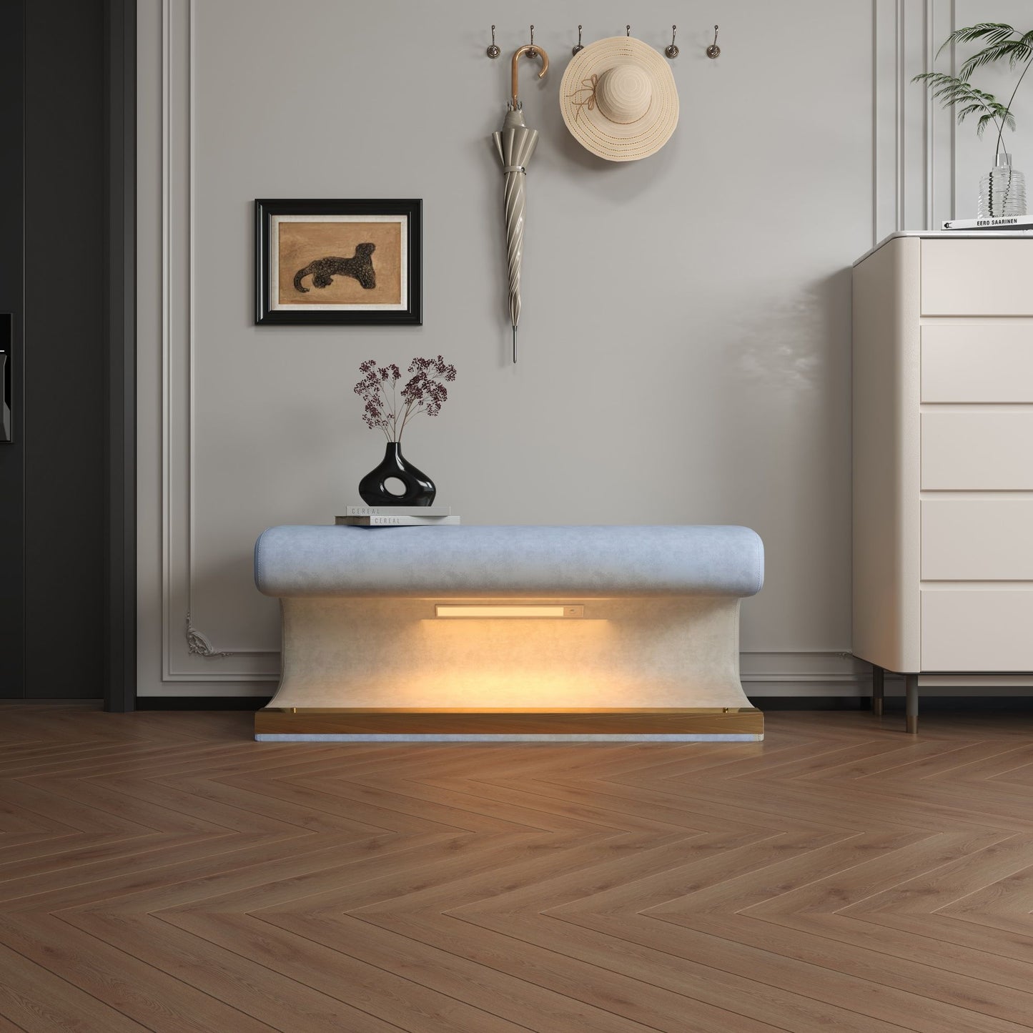 Modern Leather Upholstered Entryway Bench With LED Sensor Light Ottoman For Living Room, Or End Of Bed - Blue