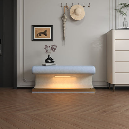 Modern Leather Upholstered Entryway Bench With LED Sensor Light Ottoman For Living Room, Or End Of Bed - Blue