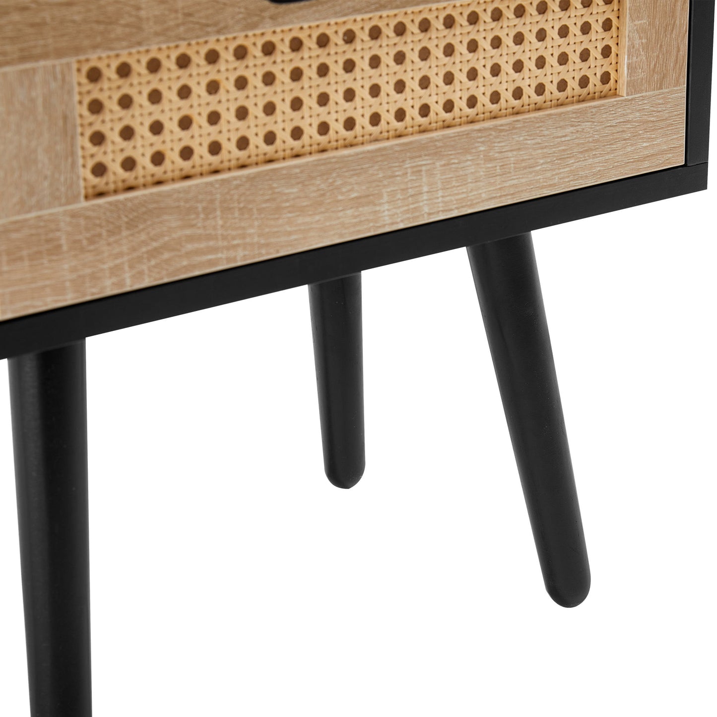 15.75" Rattan End Table With Drawer And Solid Wood Legs, Modern Nightstand, Side Table For Living Room, Bedroom - Black