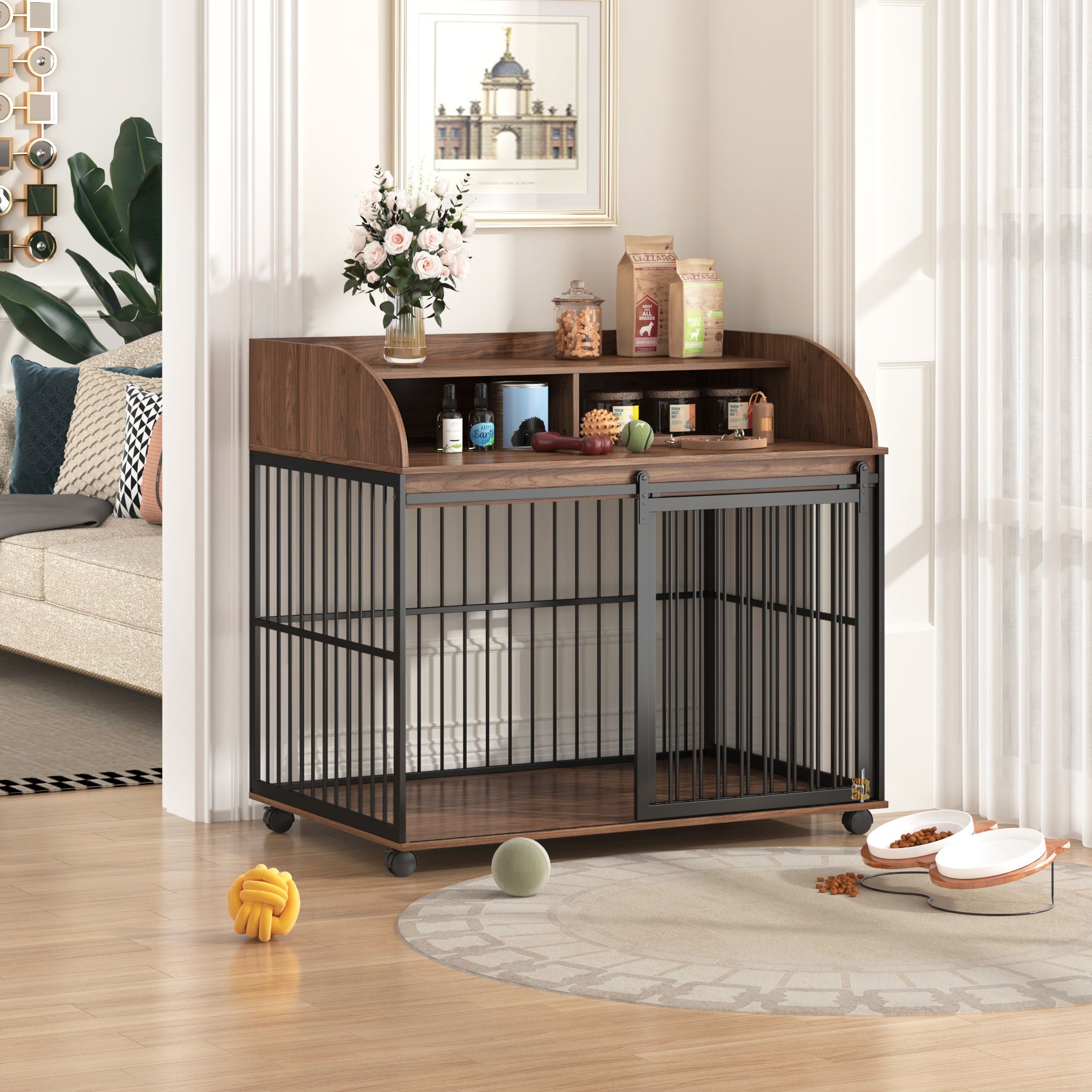Heavy Duty Large Dog Crate Furniture For Large Medium Dog With Lockable Wheels, Wooden Dog Crate Dog Kennel, End Table Crate With Double Layer Storage - Brown