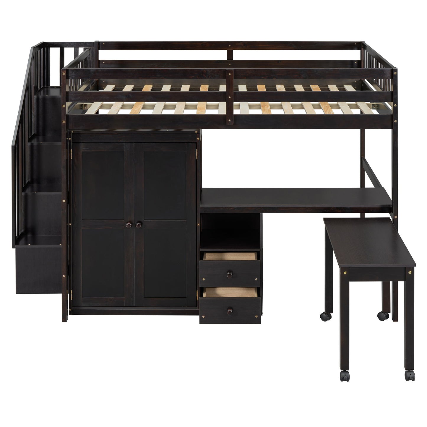 Full Size Loft Bed With Stairs, Bookshelf, Drawers, Desk & Wardrobe, Space Saving Multifunctional Furniture - Espresso