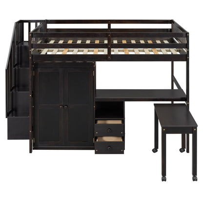 Full Size Loft Bed With Stairs, Bookshelf, Drawers, Desk & Wardrobe, Space Saving Multifunctional Furniture - Espresso