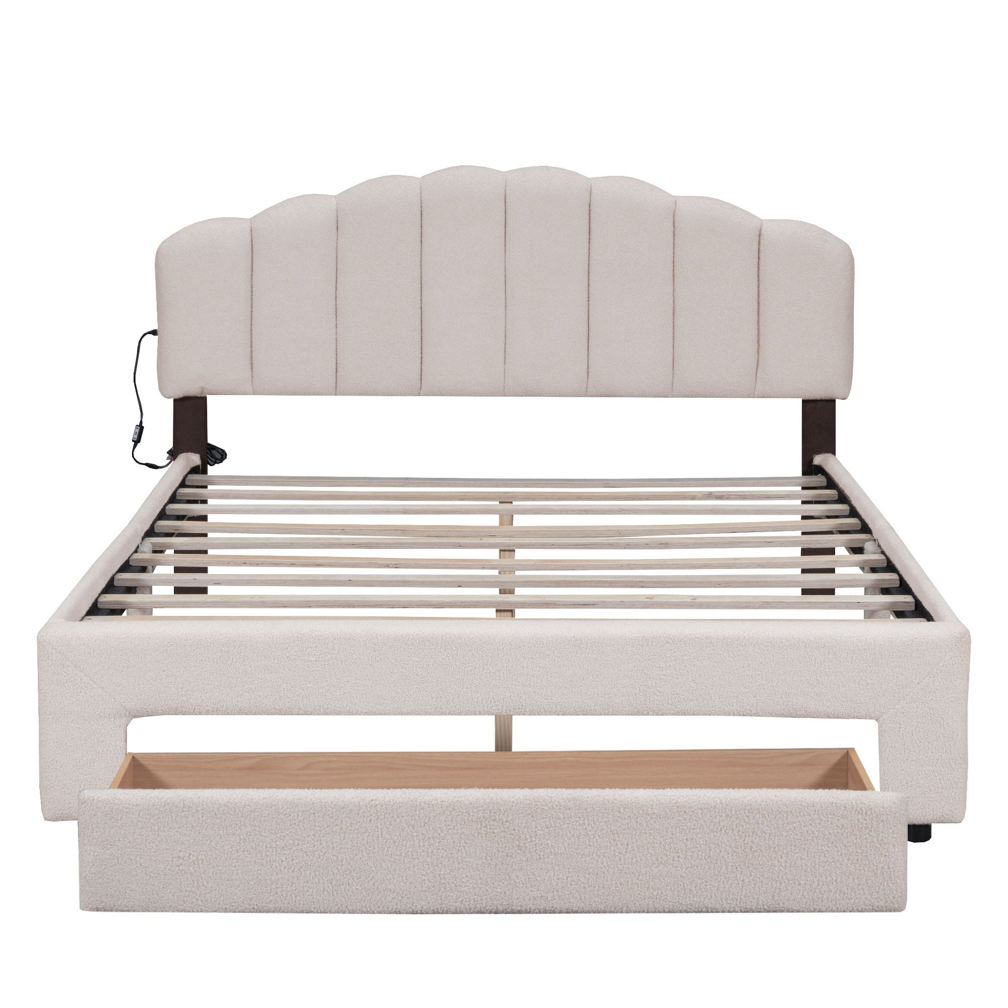 Queen Size Upholstered Platform Bed With Drawer - Beige