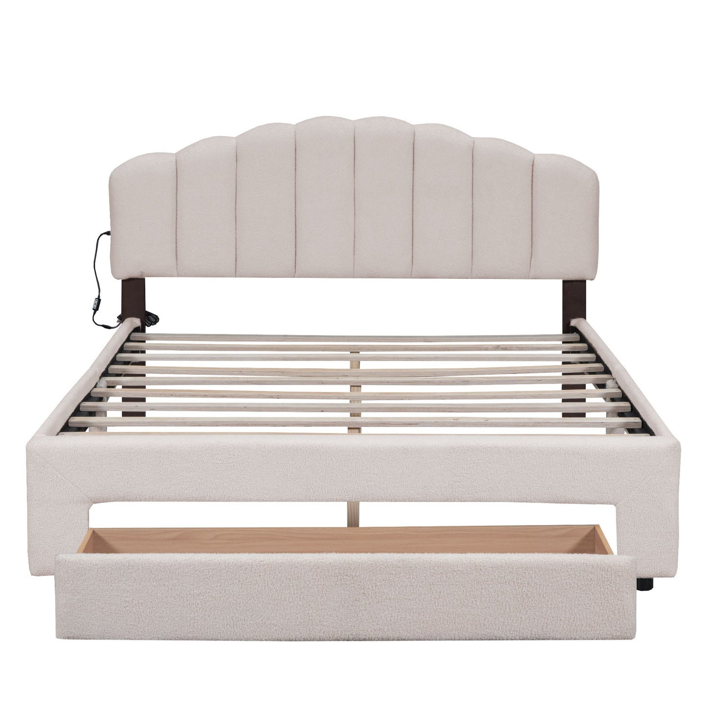 Queen Size Upholstered Platform Bed With Drawer - Beige