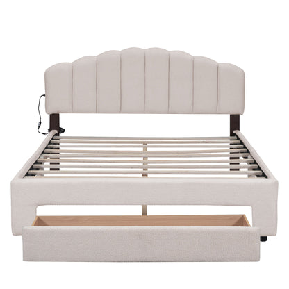 Queen Size Upholstered Platform Bed With Drawer - Beige