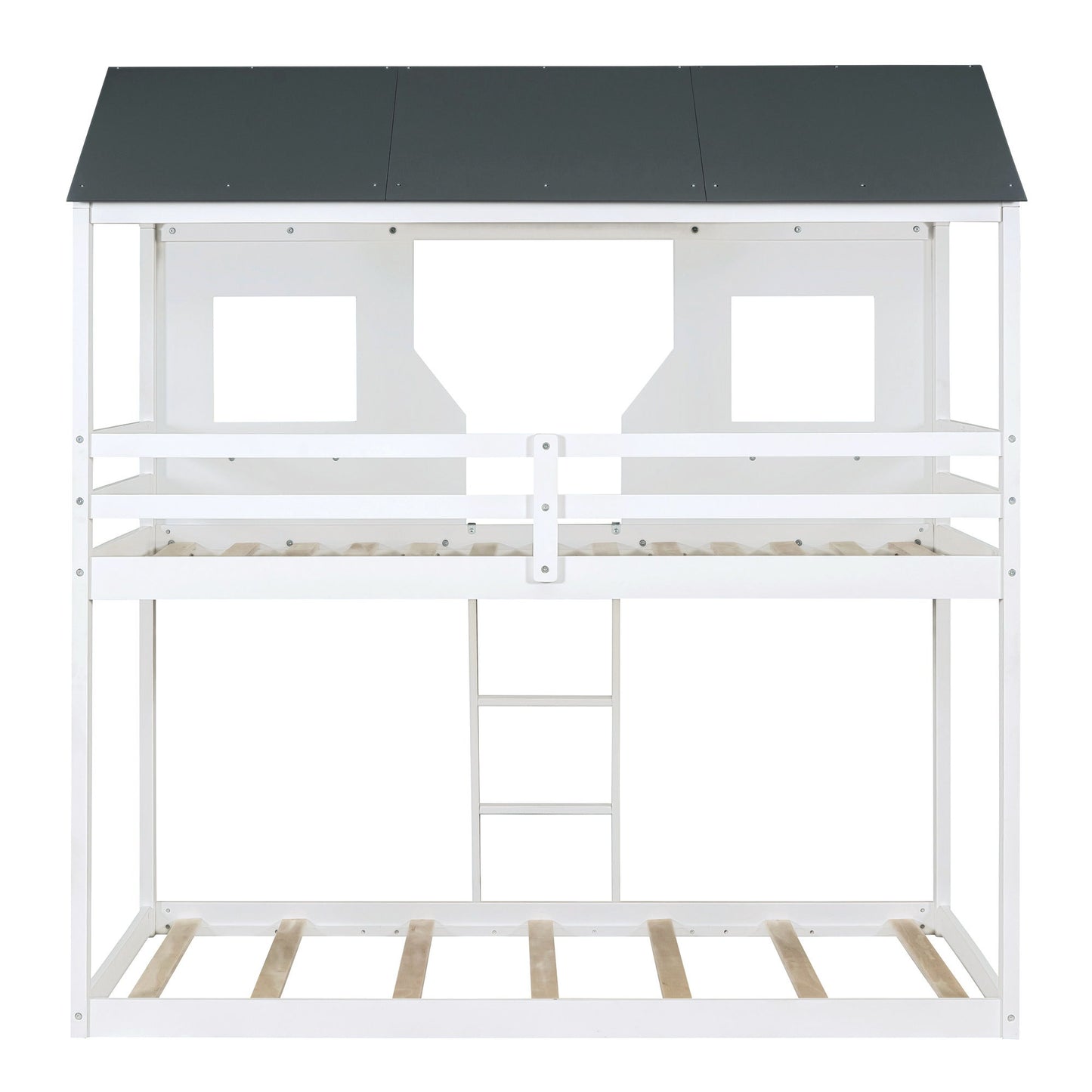 Twin Over Twin Bunk Bed Bed With Roof, Window, Guardrail, Ladder - White