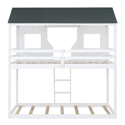 Twin Over Twin Bunk Bed Bed With Roof, Window, Guardrail, Ladder - White