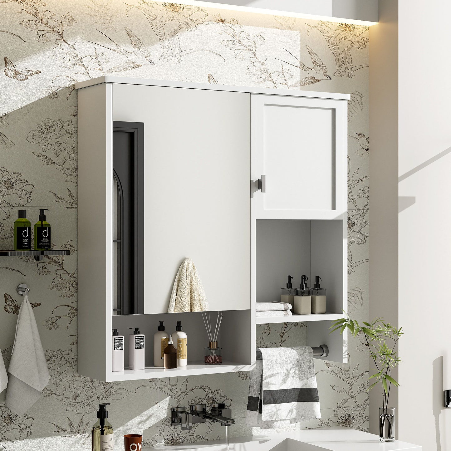 Modern Wall Mounted Bathroom Medicine Cabinet, Bathroom Wall Storage Cabinet With Mirror, Over The Toilet Space Saver Cabinet With Towels Bar - White