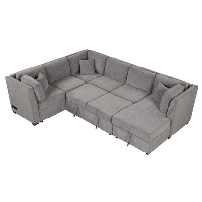 U-Shaped Sectional Sofa Pull Out Sofa Bed With Two USB Ports, Two Power Sockets, Three Back Pillows And A Storage Chaise For Living Room - Light Gray