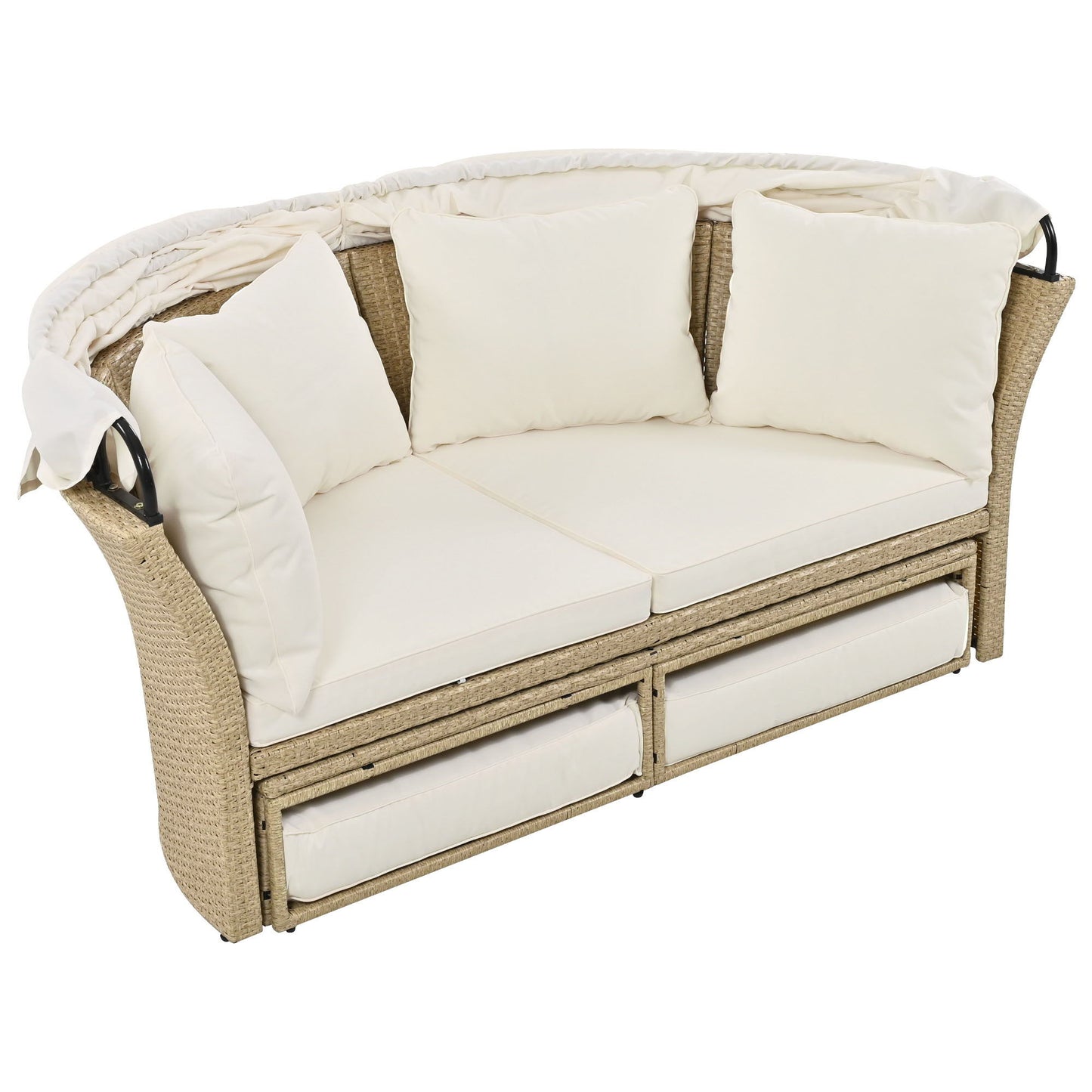 Outdoor Patio Daybed Wicker Rattan Double Daybed Round Sofa Furniture Set With Retractable Canopy, 4 Pillows For Lawn Garden Backyard Porch Pool - Beige